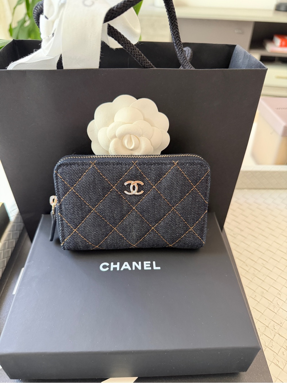 Chanel 26P Classic Zipped Zip Coin Purse Denim Dark Blue Orange mJean Wallet NWT - Picture 3 of 17